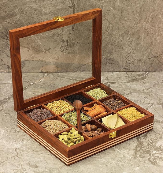 DEALS - ABHANDICRAFTS Wood Spice Box for Kitchen Table Top Masala Box with 12 Compartment and Spoon Multipurpose storage Box for Spices, Herbs (AB-MASALABOX-2)