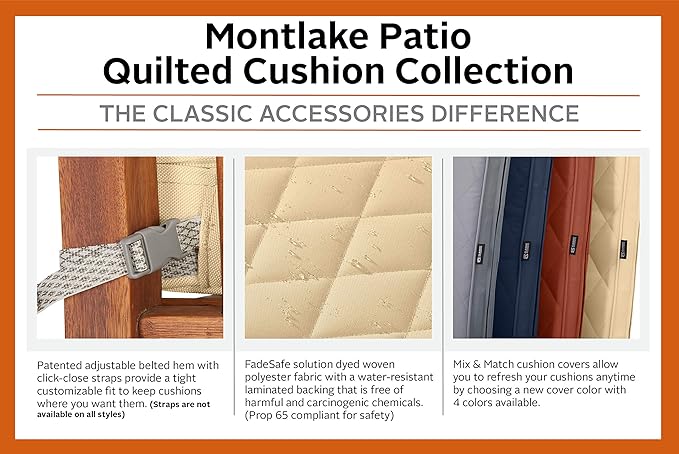 Classic Accessories Montlake FadeSafe Water-Resistant 25 x 22 x 4 Inch Wide Back Patio Quilted Lounge Cushion, Chamomile