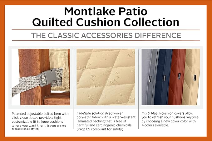 Classic Accessories Montlake FadeSafe Water-Resistant 21 x 20 x 4 Inch Wide Back Patio Quilted Lounge Cushion, Grey