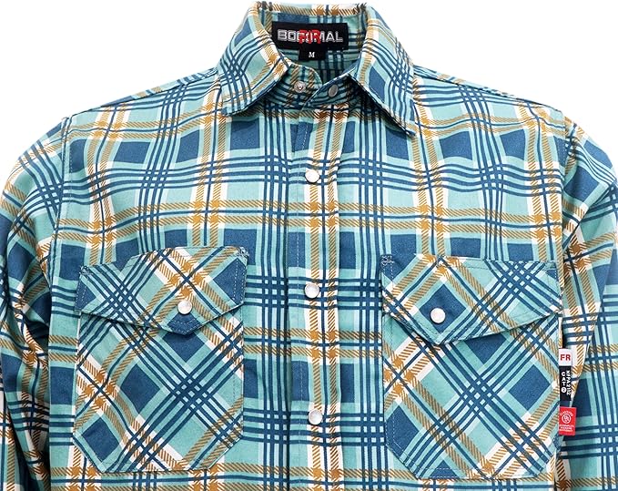 BOCOMAL FR Shirts for Men Printed Plaid Flame Resistant NFPA2112/CAT2 6.5oz Lightweight Fire Retardant Shirt