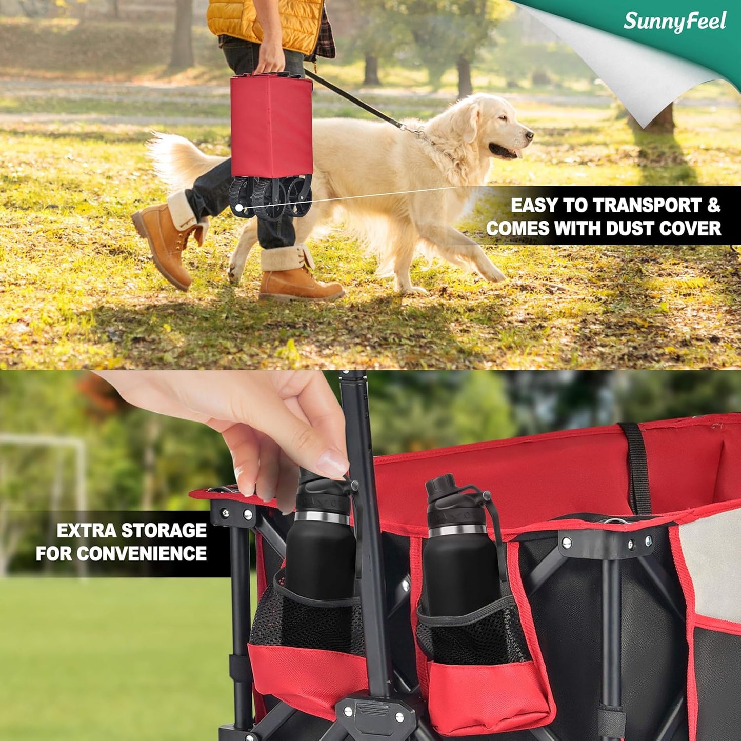 SunnyFeel Heavy Duty Collapsible Outdoor Utility Wagon Cart 400LB Capacity Adjustable Handlebar,Foldable Beach Wheels Stable Durable Oxford Fabric for Shopping Garden Camping (Black & Red)