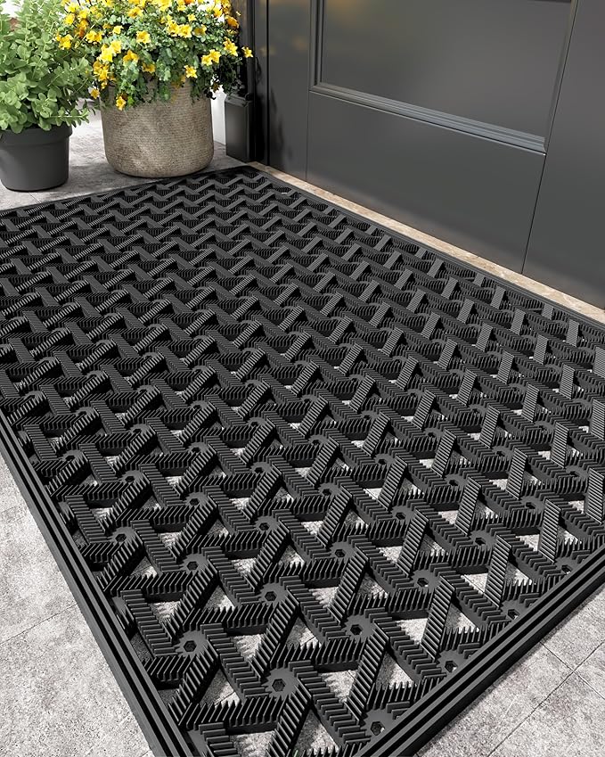 Color&Geometry Door Mat Outside Entrance with Drainage, Rubber Heavy Duty Dirt Trapper Waterproof Outdoor Welcome Mat, Outdoor Mats All Weather for Front Back Door Patio Entryway Entry, 19"X30" Black