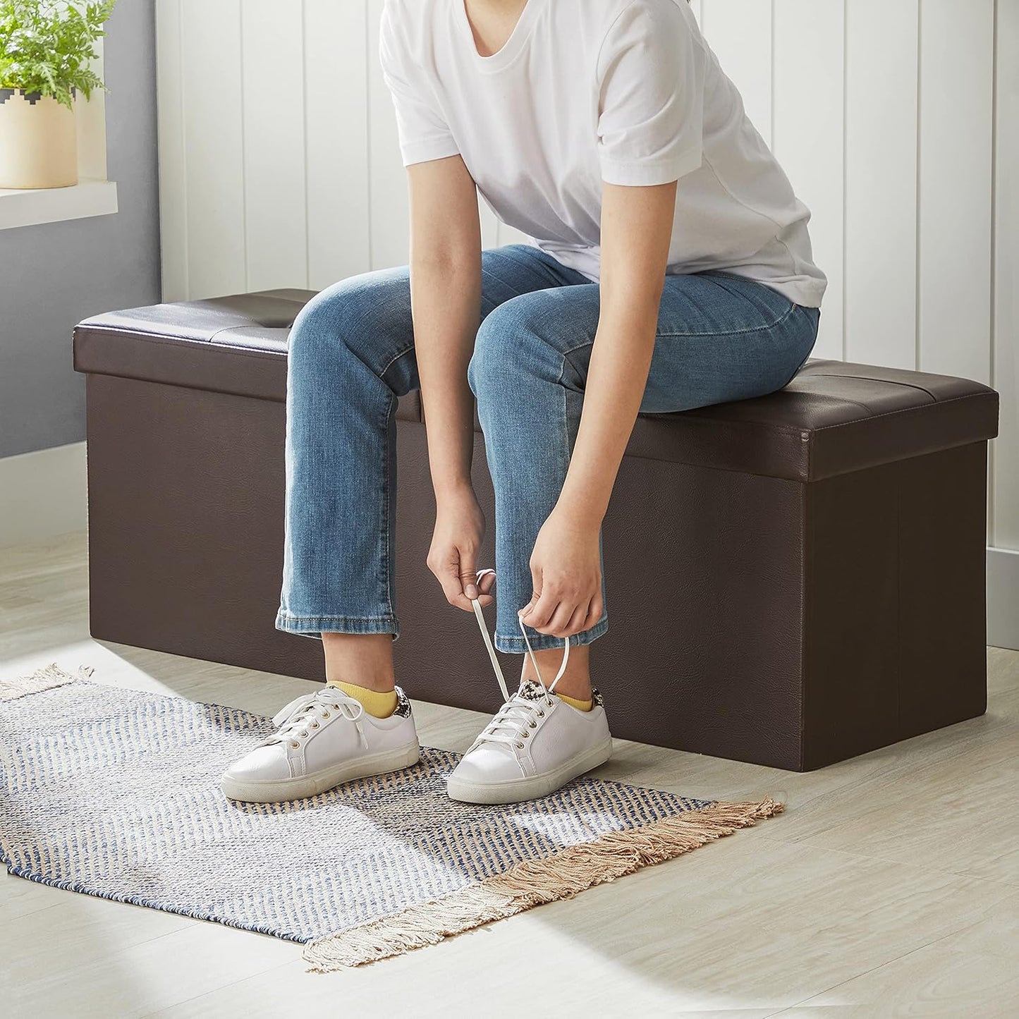 SONGMICS MAZIE Collection - 43 Inches Storage Ottoman Bench with Flipping Lid, Storage Chest with Iron Frame Support, Load 660 lb, for Living Room, Bedroom, Synthetic Leather, Brown ULSF75BR