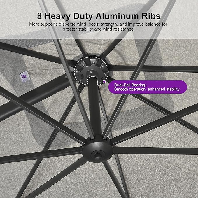 PURPLE LEAF 9 FT Cantilever Patio Umbrella Outdoor Aluminum Offset Square Umbrella with 3 Years Fade Resistance Recycled Fabric and 360-degree Rotation for Deck Pool Garden, Pebble Grey