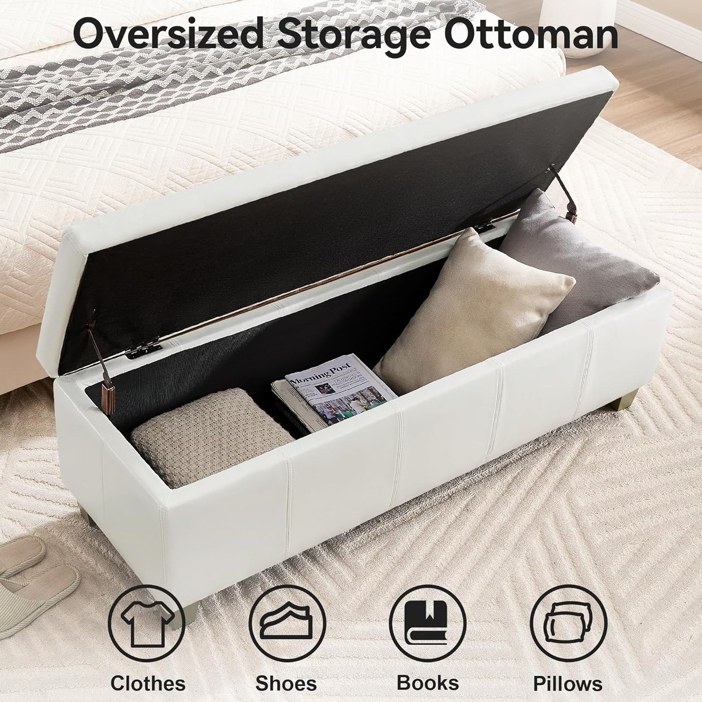 51" Faux Leather Storage Ottoman, Stitch Tufted Rectangle Upholstered End of Bed Storage Bench, Entryway Large Couch Ottoman with Wooden Legs,White