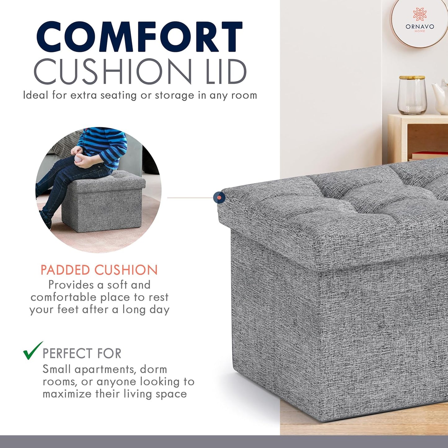 Ornavo Home Small Storage Ottoman Foldable Collapsible Rectangle Linen Ottoman Foot Rest Stool Seat, for Living Room, Bedroom, Home Office, Dorm - 12 x 16 x 12, Gray