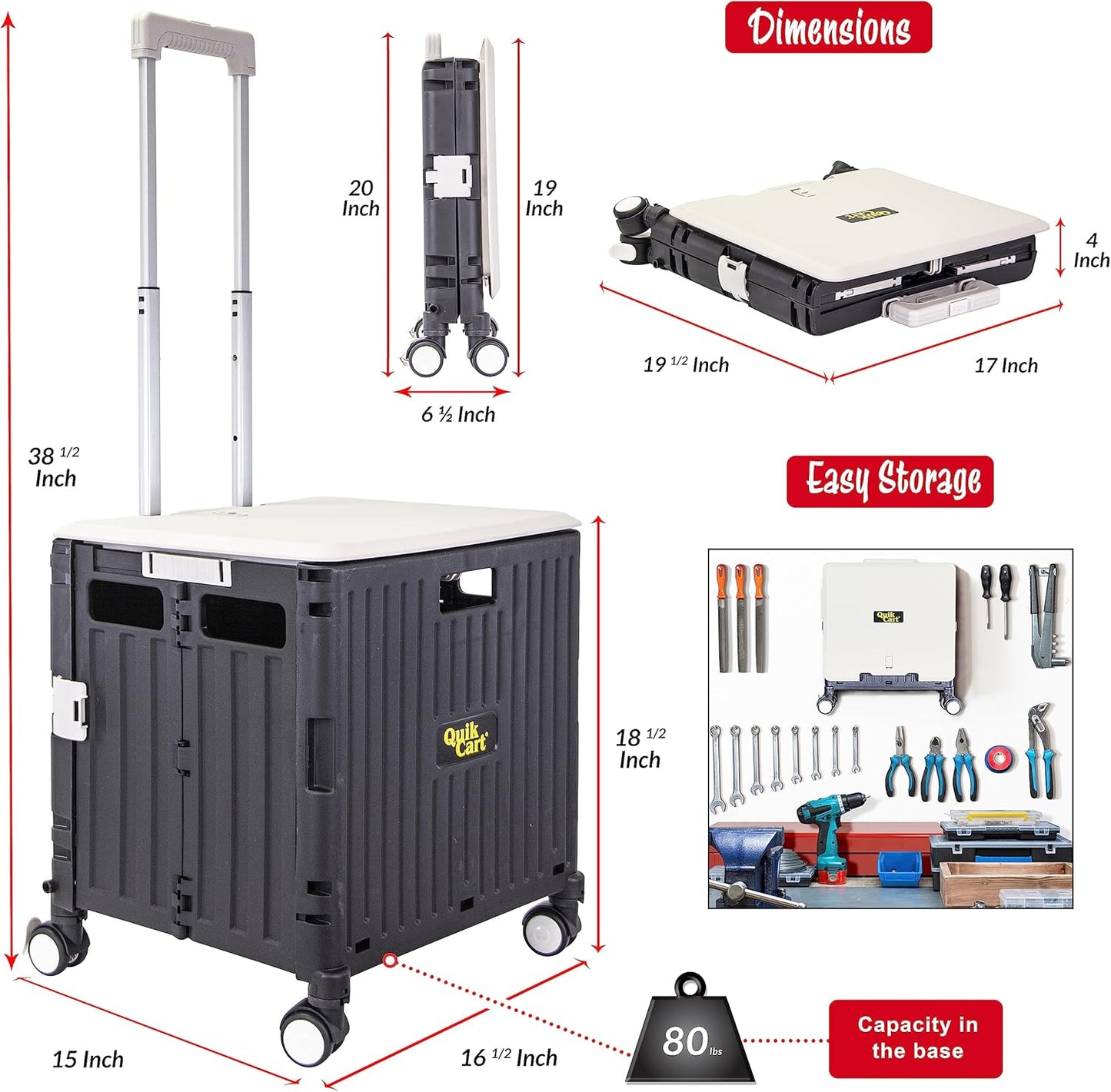 dbest products Quik Cart Swing Lid Four Swivel Wheeled Rolling Crate Teacher Utility with seat Heavy Duty Collapsible Basket with Dual Telescopic Wagon Handle