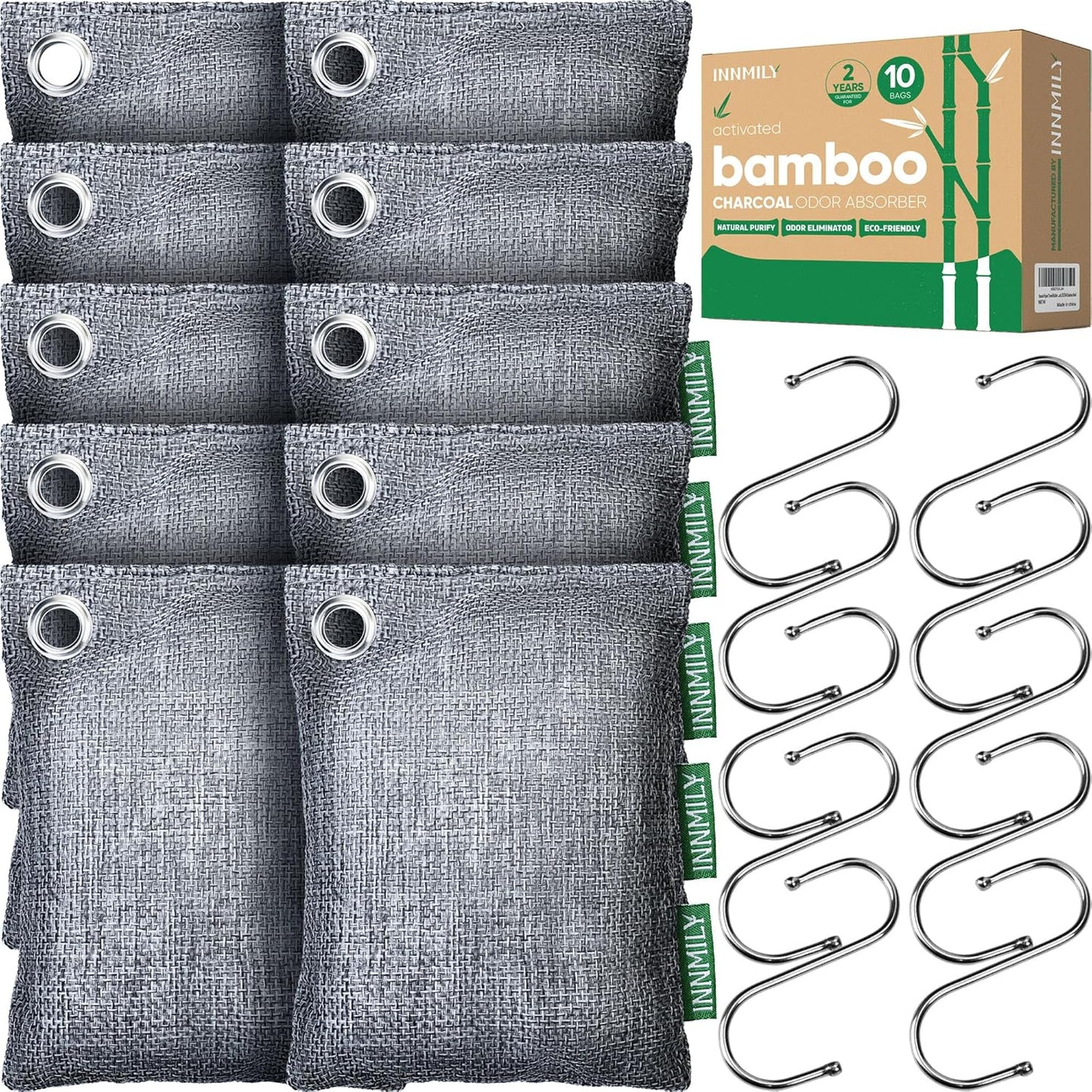 Activated Charcoal Odor Absorber, Large 10 Pack w Hooks Nature Odor Remover for Strong Odor, Bamboo Charcoal Air Purifying Bags, Odor Eliminator for Home Car Closet Pet, Smoke Deodorizer