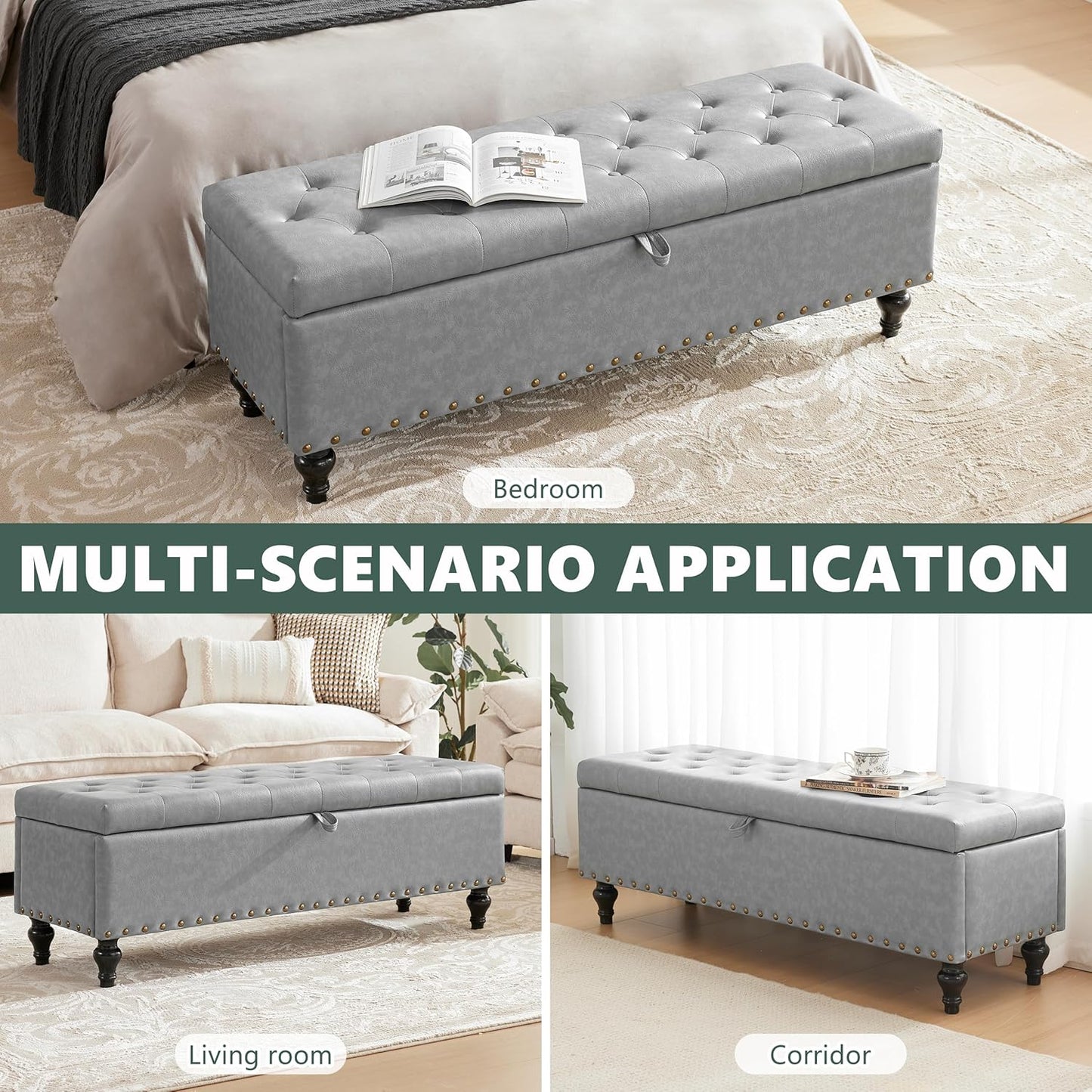 51.8’’ Storage Ottoman Bench, Faux Leather Ottoman with Storages, Window Benches Holds up to 330lbs, Upholstered Storage Bench for Bedroom, Living Room, Entryway and Family Room, Light Gray
