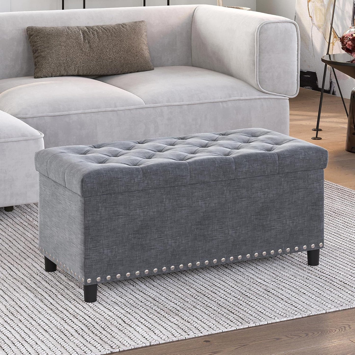 BELLEZE 35" Tufted Ottoman, Storage Bench with Safety Close Hinge, Ottoman with Storage for Living Room, Entryway, Hallway, Foot Rest, Support 300lbs - Grey