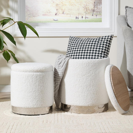Royal Windsor Boucle Round Ottoman with Storage Set of 2, Vanity Stool with Storage for Bedroom, Ottoman Coffee Table Silver-Tone Ring Around The Base, Small Foot Stool for Living Room, White
