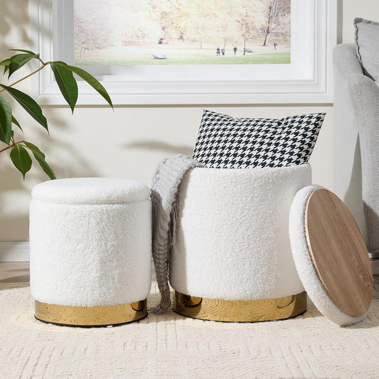 Royal Windsor Boucle Round Ottoman with Storage Set of 2, Vanity Stool with Storage for Bedroom, Ottoman Coffee Table Gold-Tone Ring Around The Base, Small Foot Stool for Living Room, White