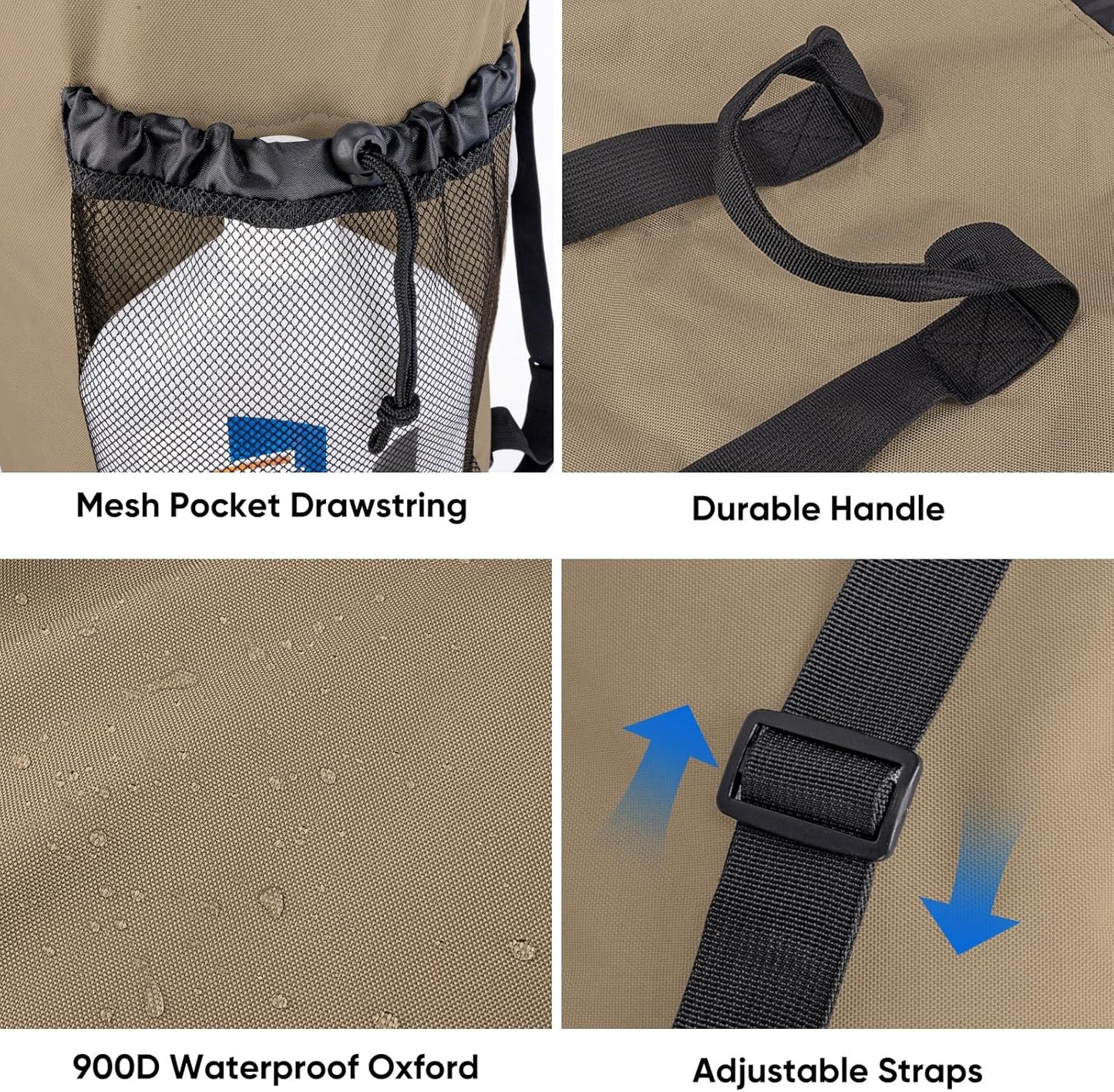 BALEINE 150L Laundry Bag Backpack, 900D Oxford Fabric Large Travel Laundry Bags with Shoulder Straps and 2 Mesh Pockets for College Dorm, Apartment, Laundromat (Khaki, 150L)