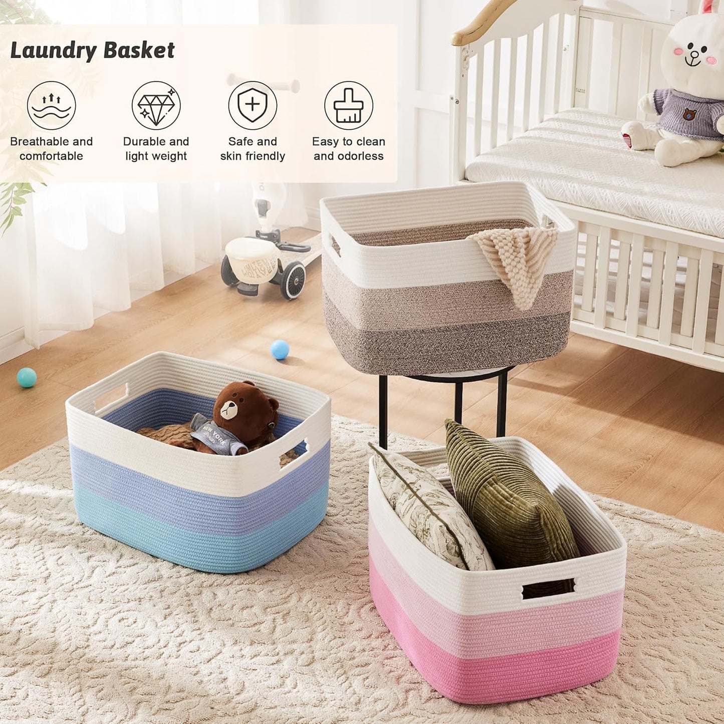 Blanket Basket,Rectangle Woven Baskets for Storage,65L Laundry Basket for Decorative Nursery Blanket,Toys,Dirty Clothes and Magazine in Shelves,Baby Room,and Living Room