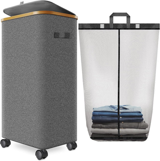 Laundry Hamper with Wheels,29 Gal (110L) Laundry Basket with lid Rolling Clothes Hamper Foldable Dirty Clothes Basket on wheels with Bamboo Frame and Bag for Bedroom, Dorm, Laundry Room-Grey