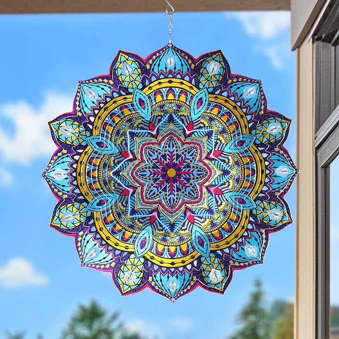 Exhart Wind Spinner, Starburst Mandala Wind Sculpture, 3D Laser Cut Patterns with Bead Details, Metal Outdoor Garden Decoration, Multicolor Lawn and Yard Art, 12 Inch
