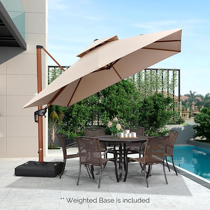 PURPLE LEAF 10ft Patio Umbrella with Base Outdoor Square Umbrella Large Cantilever Umbrellas Windproof Offset Heavy Duty Sun Umbrellas for Garden Deck Pool Patio, Beige