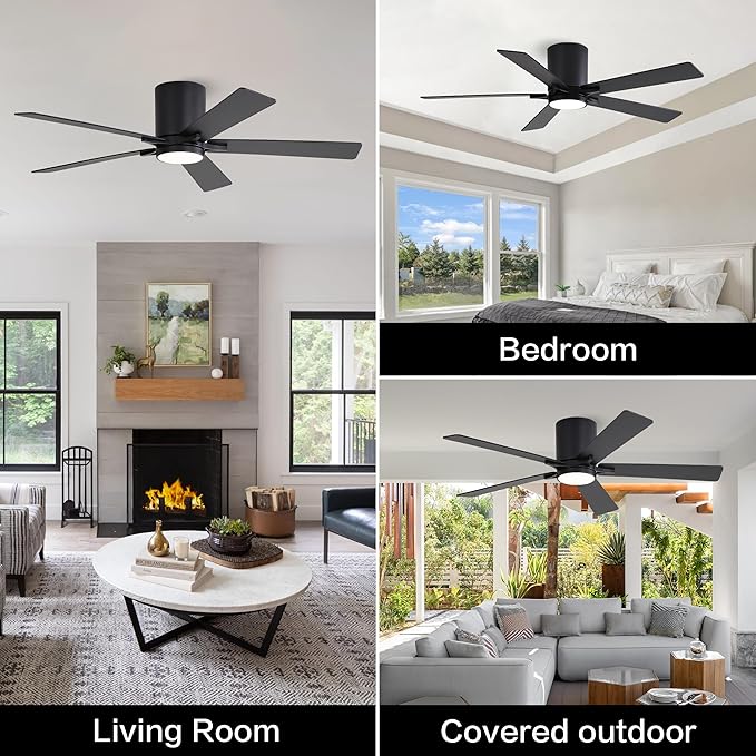 WINGBO 52" DC Flush Mount Ceiling Fan with Lights, 6-Speed Reversible DC Motor, 3CCT, Low Profile Hugger Ceiling Fan for Living Room Bedroom Kitchen, Black Finish and Black/Walnut Blades