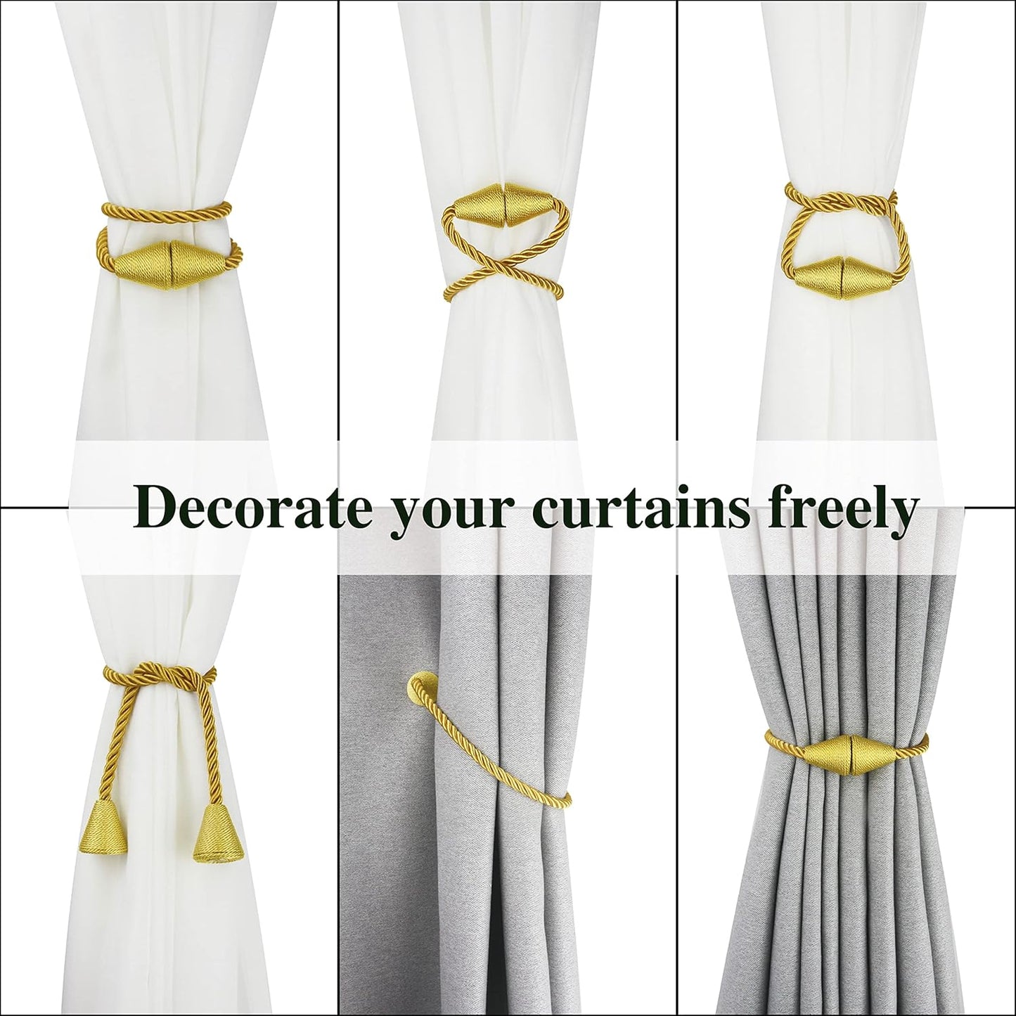 6 Pack Magnetic Curtain Tiebacks Rope Modern Handmade Curtain Tie Backs Decorative Drapes Weave Holdbacks for Window Décor, Gold