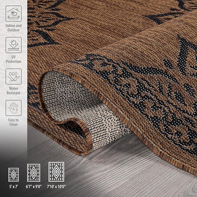 CAMILSON Outdoor Rug, 5x7 Medallion Nut Brown Black Modern Area Rugs for Indoor and Outdoor Patios, Kitchen and Hallway Mats, Washable Porch Deck Outside Carpet (Medallion Nut Brown Black, 5 x 7)