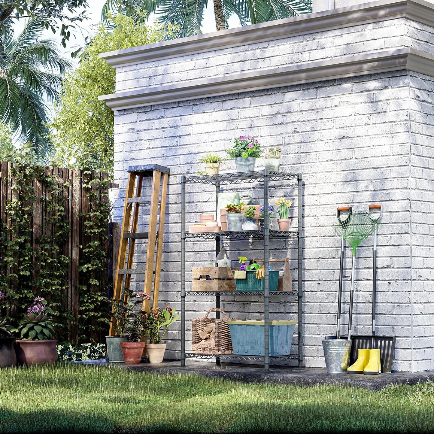 IZEUK 4-Tier Outdoor Metal Storage Shelving Unit, Heavy Duty Wire Rack Organizer with Rust-Resistant and Corrosion-Proof Coating (Grey, 17.7" D x 35.43" W x 59" H)