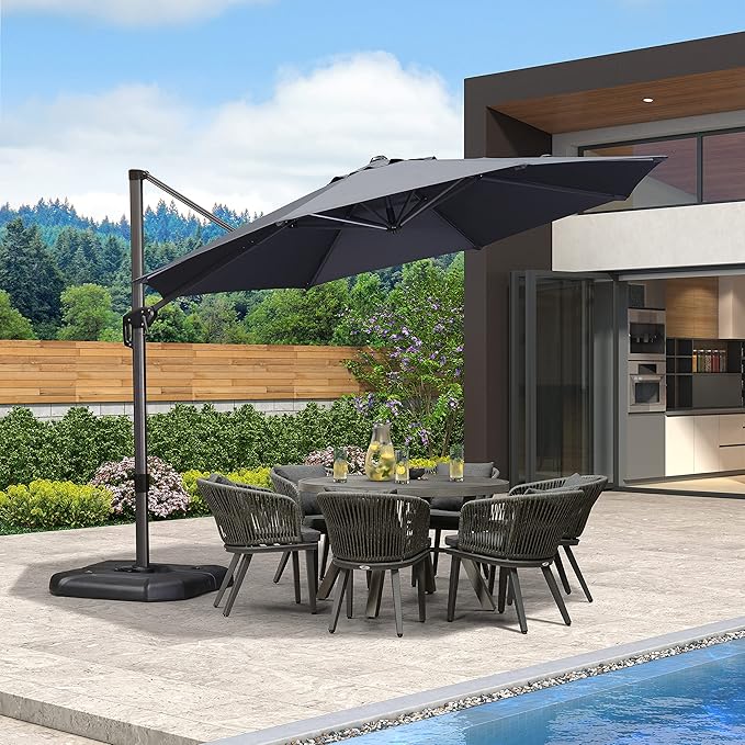 PURPLE LEAF 11 Feet Patio Umbrella with Base Outdoor Cantilever Round Umbrella Aluminum Offset Umbrella with 360-degree Rotation for Garden Deck Pool Patio, Grey