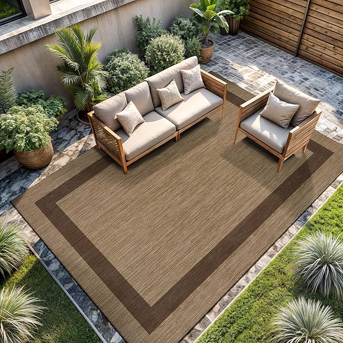 CAMILSON Outdoor Rug 5x7 - Modern Outside Rugs for Patios Porches Waterproof Durable Washable Non-Shedding, Easy-to-Clean Indoor Outdoor Area Carpet (5 x 7, Bordered - Jute)