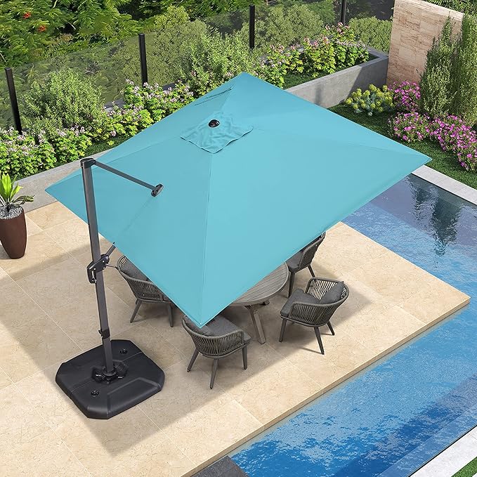 PURPLE LEAF Patio Umbrella with Base 10 Feet Outdoor Cantilever Square Umbrella Aluminum Offset Umbrella with 360-degree Rotation for Garden Deck Pool Patio, Turquoise Blue