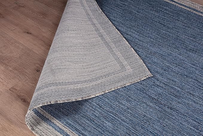 CAMILSON Outdoor Rug, 9x12 Bordered Navy Blue Gray Modern Large Area Rugs for Indoor and Outdoor Patios, Porches Waterproof Washable Porch Deck Outside Carpet (Bordered Navy, 9 x 12)